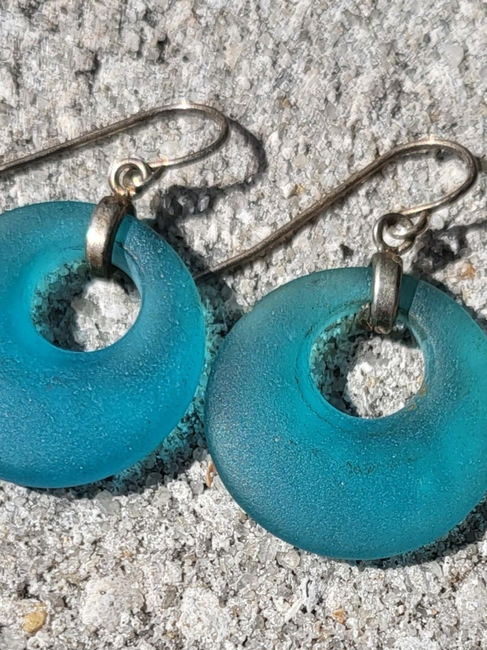 Key West Aqua Blue Sea Glass Donut Drop Earrings